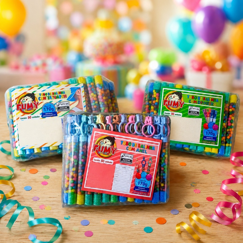Tubinhos Balinha Anel Dinheiro Tatuagem Lembrancinha Aniversário Festa Infantil Bala Colorido Fumy