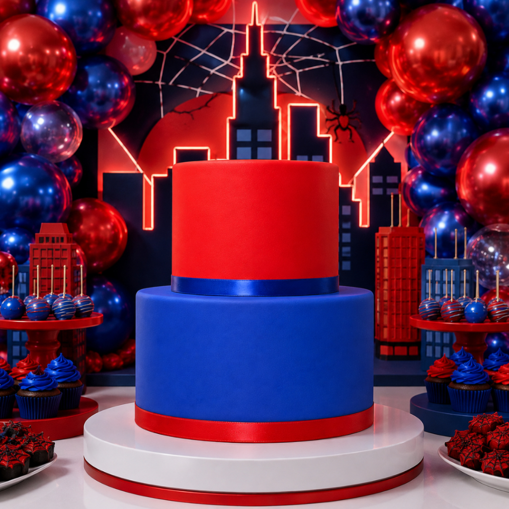 Bolo Fake Encapado Com EVA Vermelho e Azul Com Cetim Nas Bordas Festas Temáticas Decoração