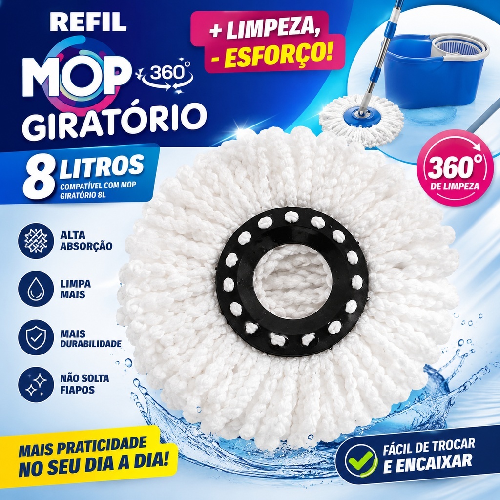 Refil Mop Giratorio 8 Litros Alta Absorcao Microfibra Limpeza 360 Compatível Balde Giratorio Pratico