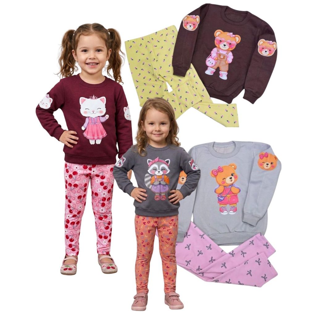 Kit com 2 Conjuntos Inverno Infantil e Juvenil Feminino Premium Várias Estampas Sortidas