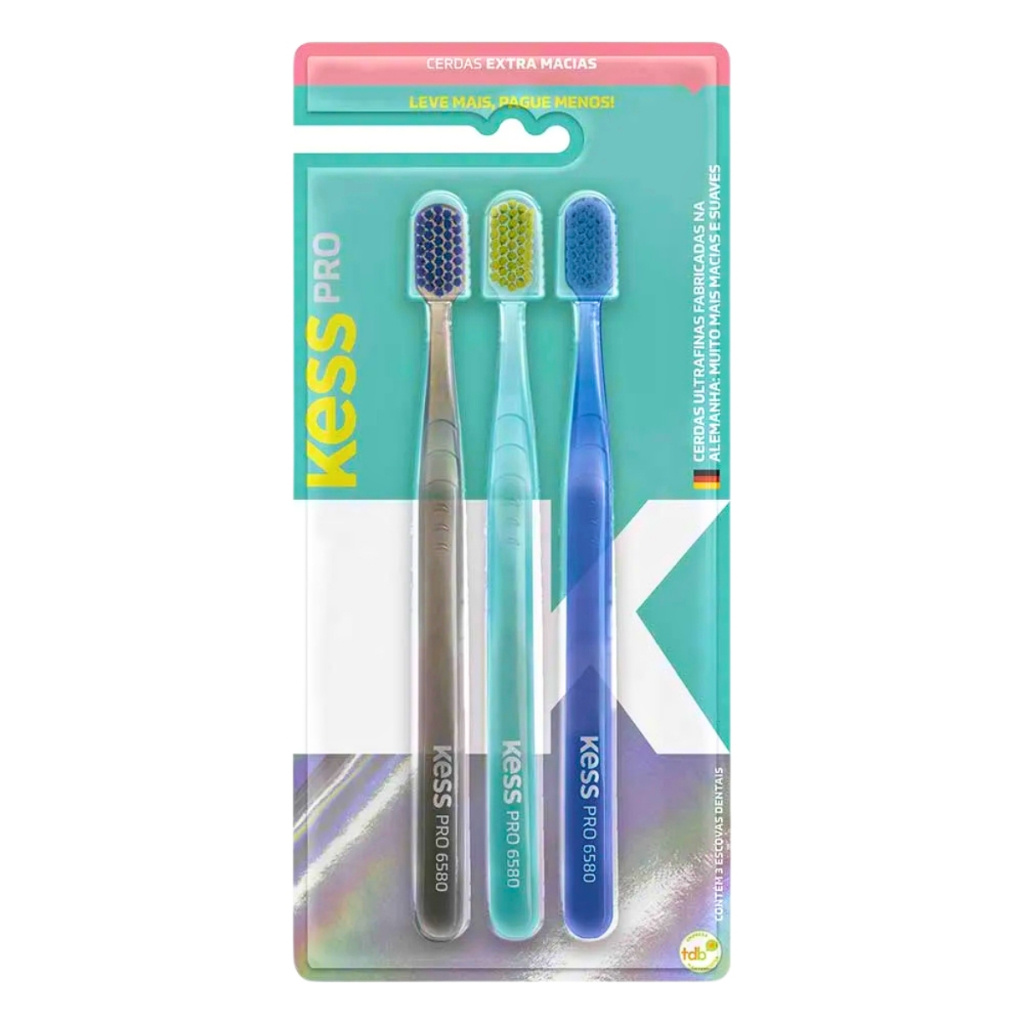 Pack Com 3 Escovas Dentais Kess Pro Extra Macias Cores Sortidas Limpeza Profunda Sem Agredir