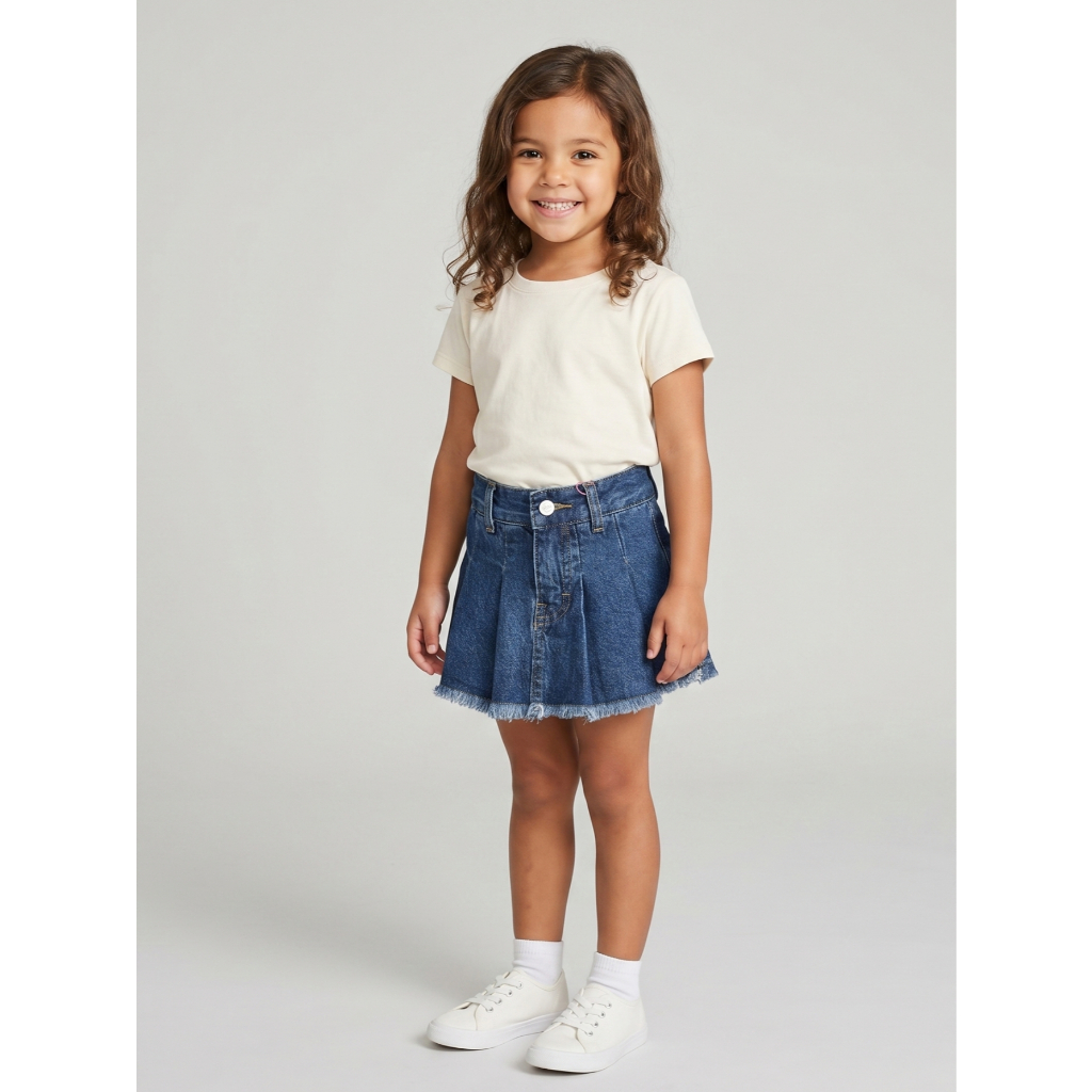 Short Saia Jeans Infantil Menina Plissado Premium Regulagem Cós Botão Zíper Costura Reforçada