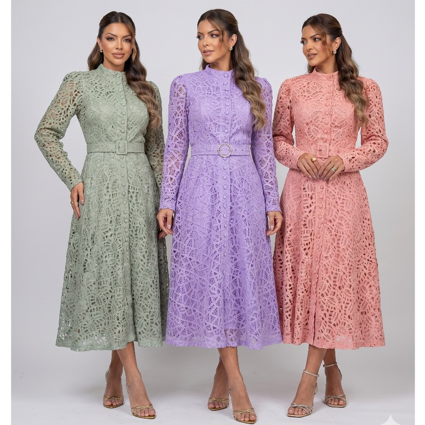 Vestido Midi Elsa Renda Guipir Manga Longa Babados Gola Alta e Botões Madrinha Festa Noiva Civil CN