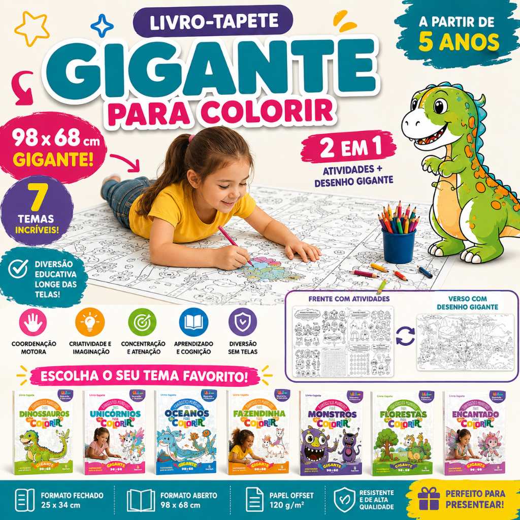 Livro Tapete para Colorir Infantil Fantástico mundo com Atividades de desenvolvimento Infantil