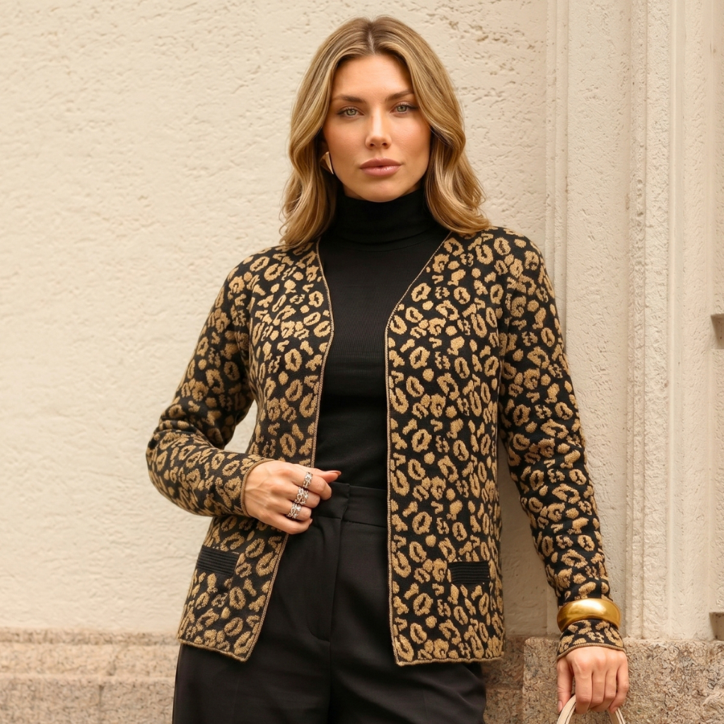 Casaco tricot cardigan blusa oncinha estilosa onça animal print elegante moda inverno tendencia