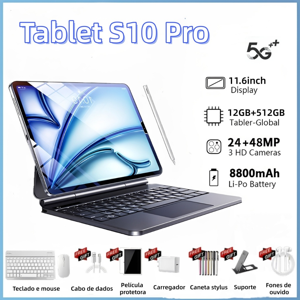【Teclado e mouse gratuitos】Tablet S10 Pro Android 5G de 11,6 polegadas com 12 GB + 512 GB, 8800 mAh wifi
