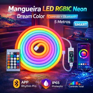 Mangueira Neon LED RGB Dream Color 60LED/m 5/10m 12V Smart Bluetooth IP65 Controle por App Iluminação Gamer