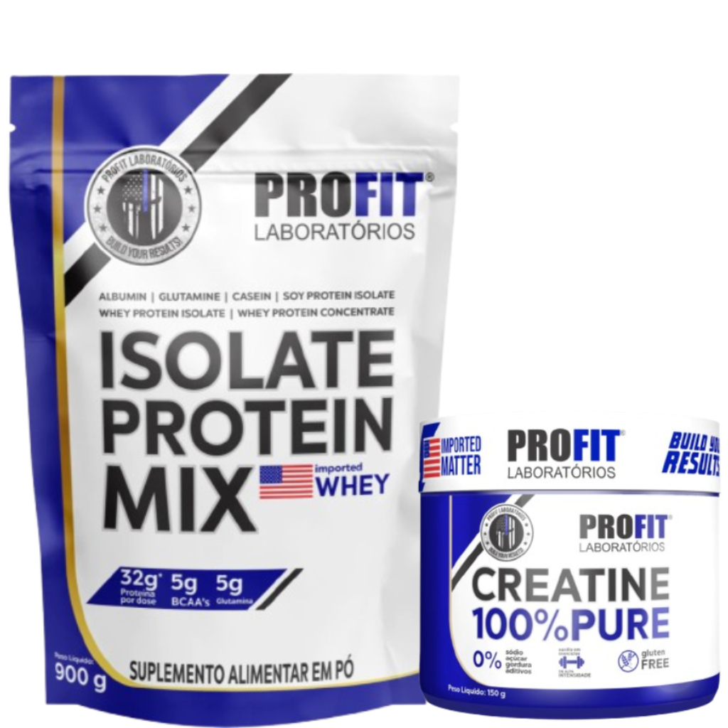 Isolate Protein Mix Whey Protein 900g Profit Labs+Creatina 100% Pura em Pó Profit Labs 150g