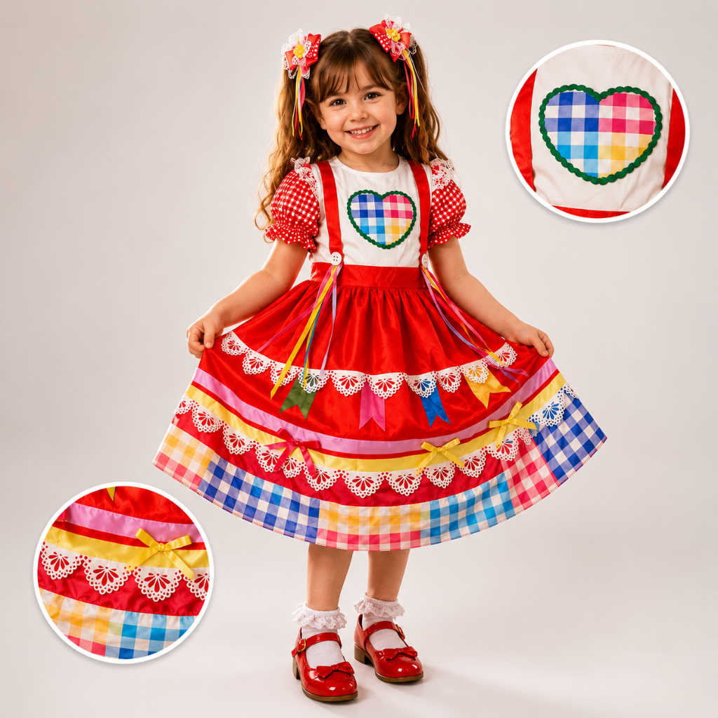 Vestido Festa Junina Infantil Coração  Caipira Quadrilha São João Julina