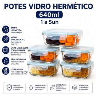 Kit 1 a 5 Potes Vidro Hermetico 640ml Marmita Armazenamento Mantimento Organizador Tampa …