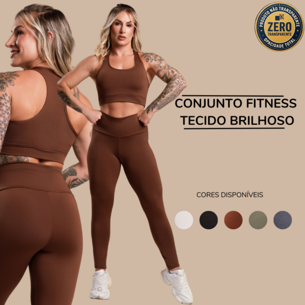Conjunto Fitness Feminino Brilhoso Academia Top Nadador e Calça Legging Lisa Básica Cintura Alta ZERO TRANSPARÊNCIA