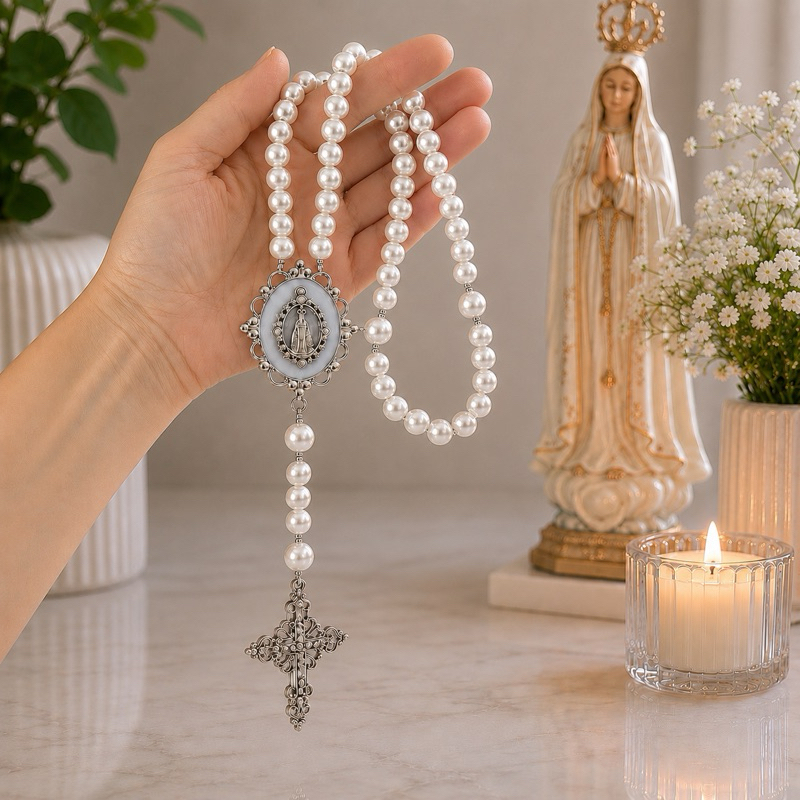 Terço Nossa Senhora pérolas luxo kit com caixa de presente e organza terço personalizado Envio imediato