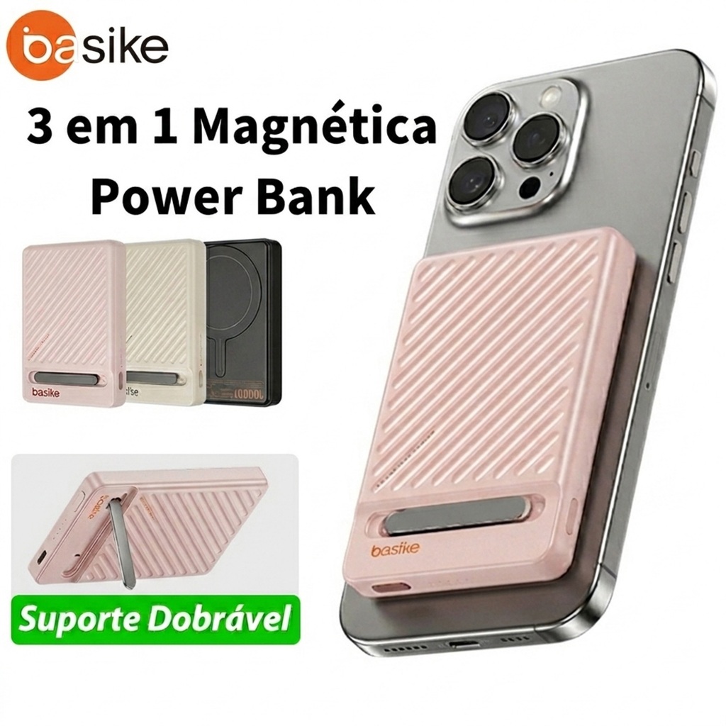 Power Bank Basike 10000mAh 22.5W Magnético Mag Safe Ultra Mini + Cabo Type-C Carregador Portátil Bateria