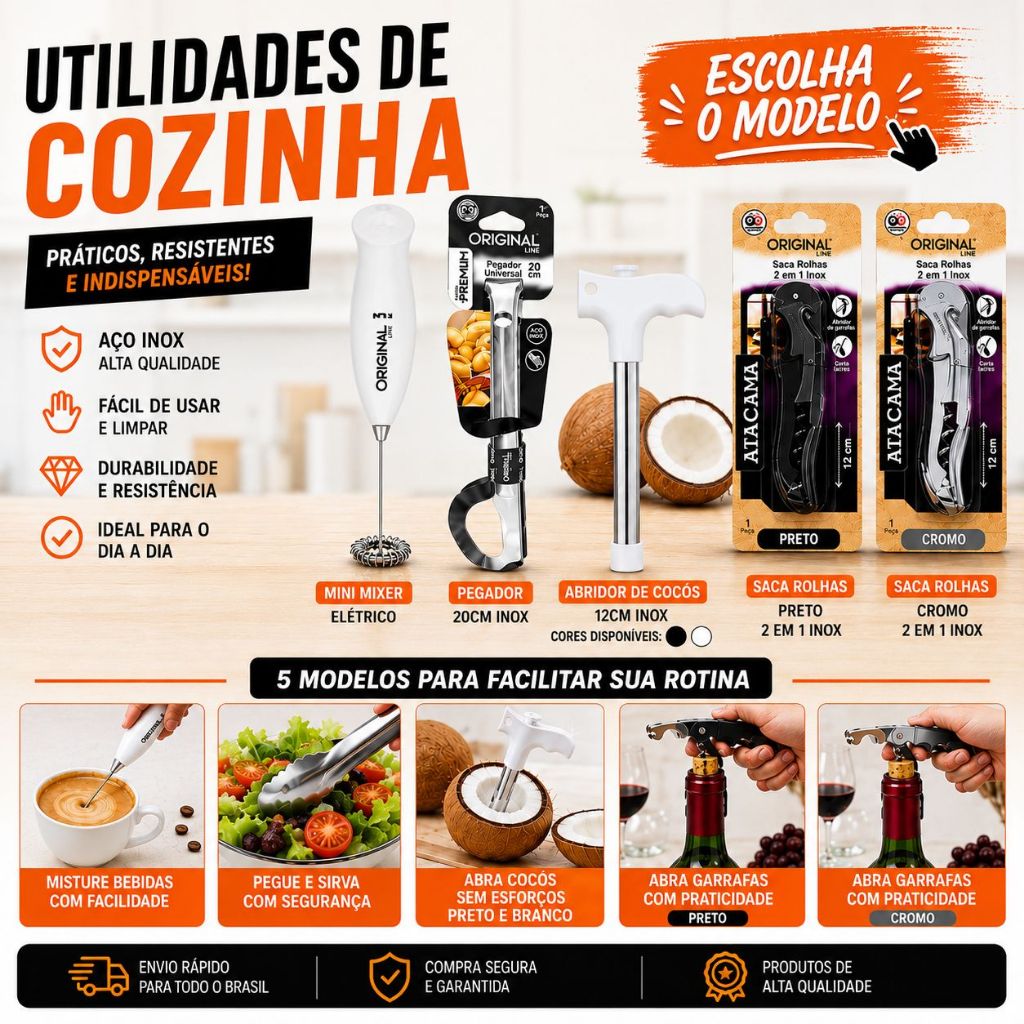 Utensílios de Cozinha Premium Inox | Mixer Pegador Saca Rolhas Abridor De Coco