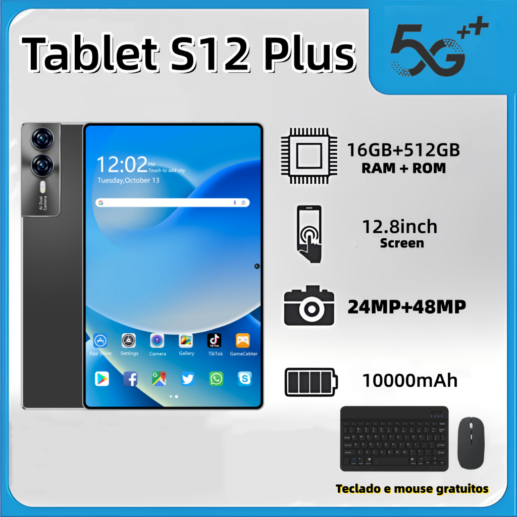 【Teclado e mouse gratuitos】Tablet  S12 Plus de 11,6 polegadas, 12 GB + 512 GB, 10000 mAh, Android, 5G, Bluetooth