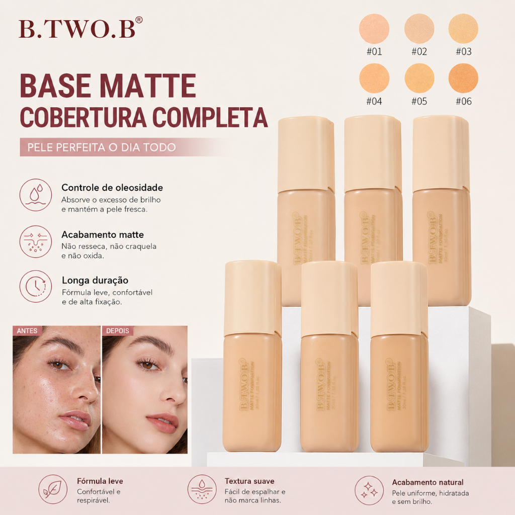 B.TWO.B Base Matte Full Coverage Base Líquida Efeito Natural Oil Control Acabamento Matte 6 Cores