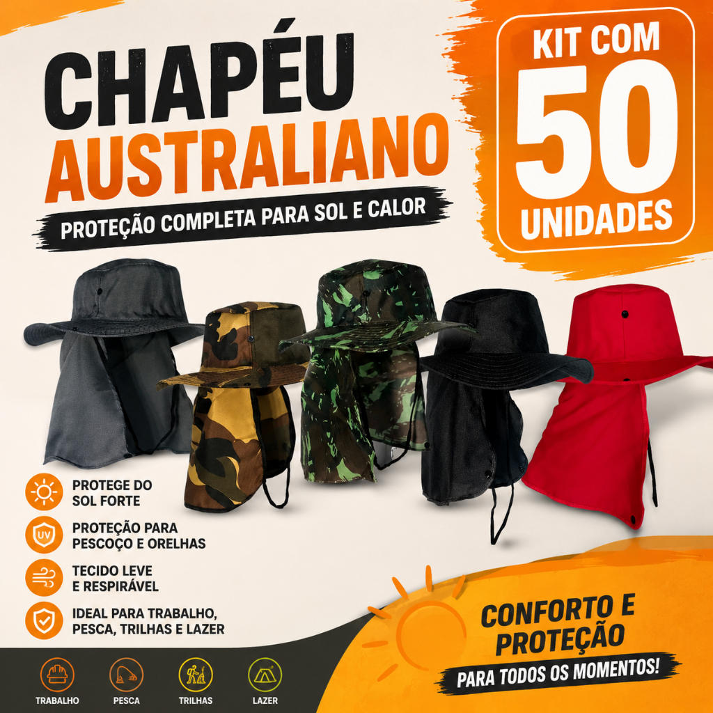 Kit com 50 Chapéus Australianos UV Aba Larga com Proteção de Pescoço para Pesca, Camping, Trilha e Aventuras Outdoor