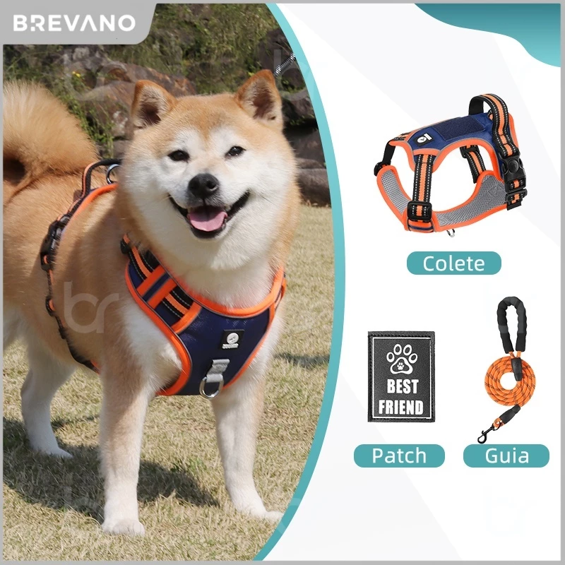 Peitoral para Cachorro com Guia 1,5m + Patch – Ajustável, Respirável, Refletivo, Reforçado