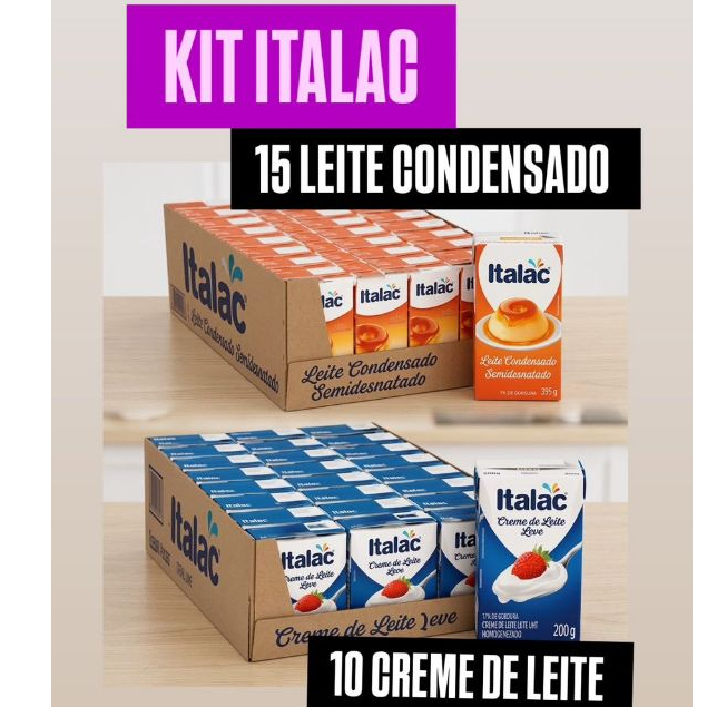 Kit 15 unidades leite condensado Italac 395g e 10unidades creme de leite italac 200g