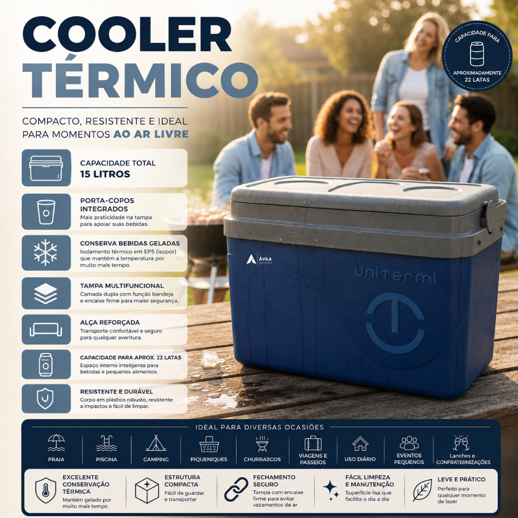 Cooler Caixa Térmica 15 Litros 22 Latas Com Tampa Suporte e Alça Para Praia Camping Viagem Pesca Lazer Unitermi Floripa