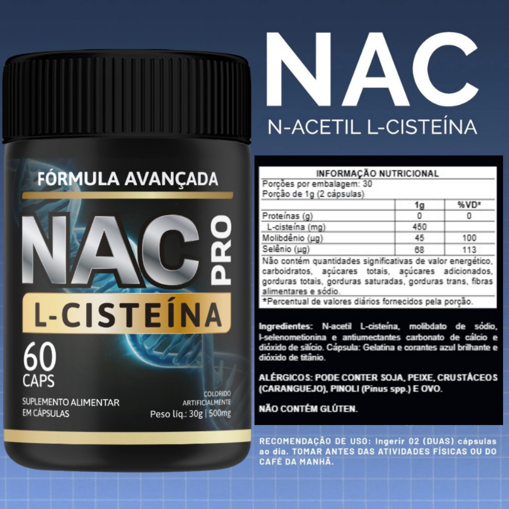 NAC Pro N-Acetil L-Cisteína Alta Concentração: Antioxidante Detox e Protetor Celular | 60 Cápsulas