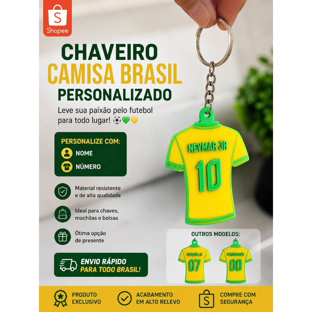 Chaveiro Neymar Camiseta do Brasil | Acessório Futebol