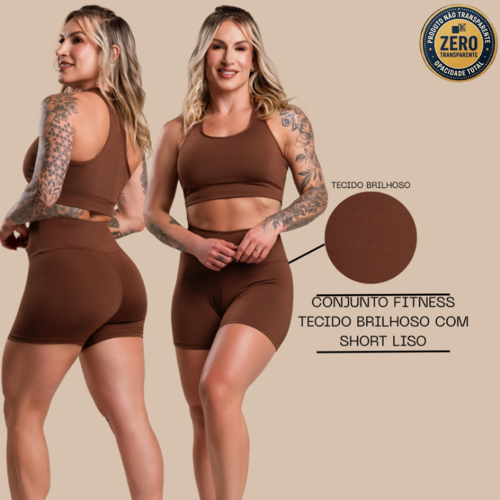 Conjunto Fitness Feminino Brilhoso Academia Top Nadador e Short Liso Básico Cintura Alta Treino ZERO TRANSPARÊNCIA