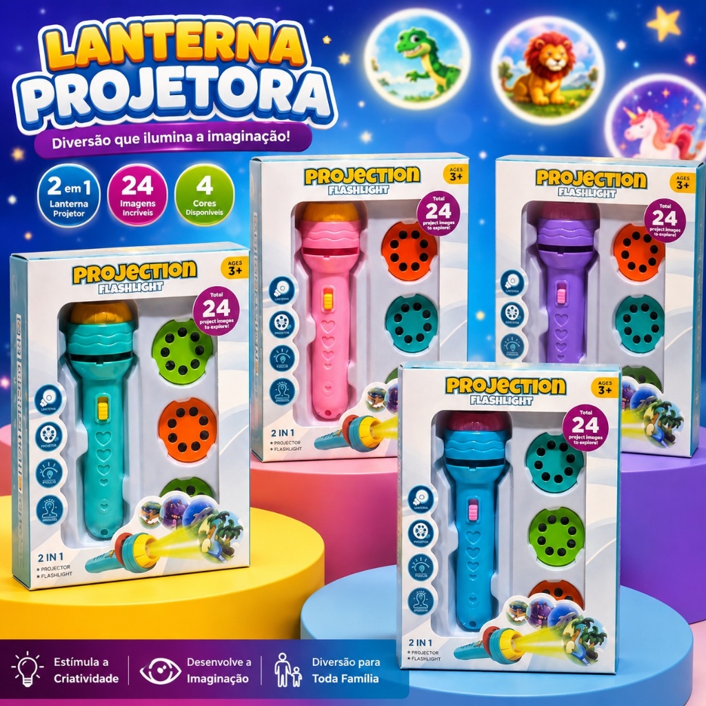 Brinquedo Projetor Infantil 3D 24 Imagens 3 Discos Diferentes Lanterna de Projeção Para Criança