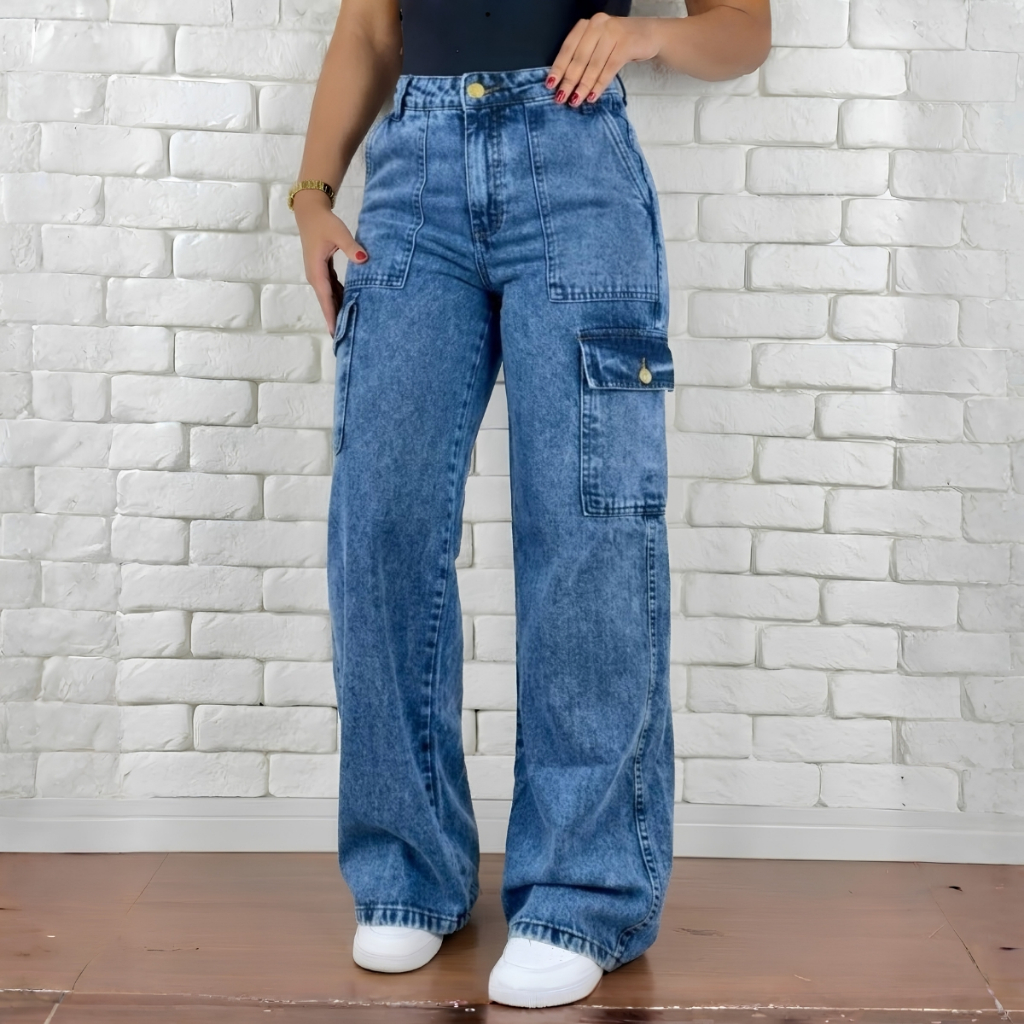 Calça Cargo Jeans Feminina Bolso Lateral Cintura Alta Wide Leg Pantalona