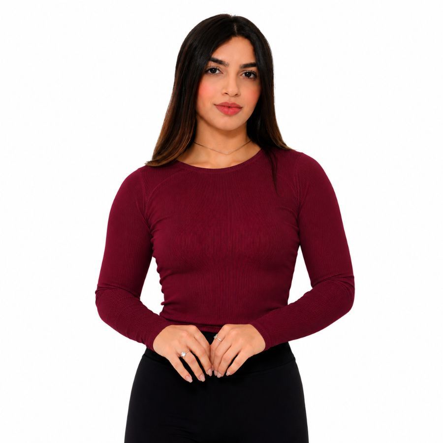 Blusa Feminina Canelada Manga Longa Gola Careca Vinho Acinturada Inverno Meia Estação Elegante