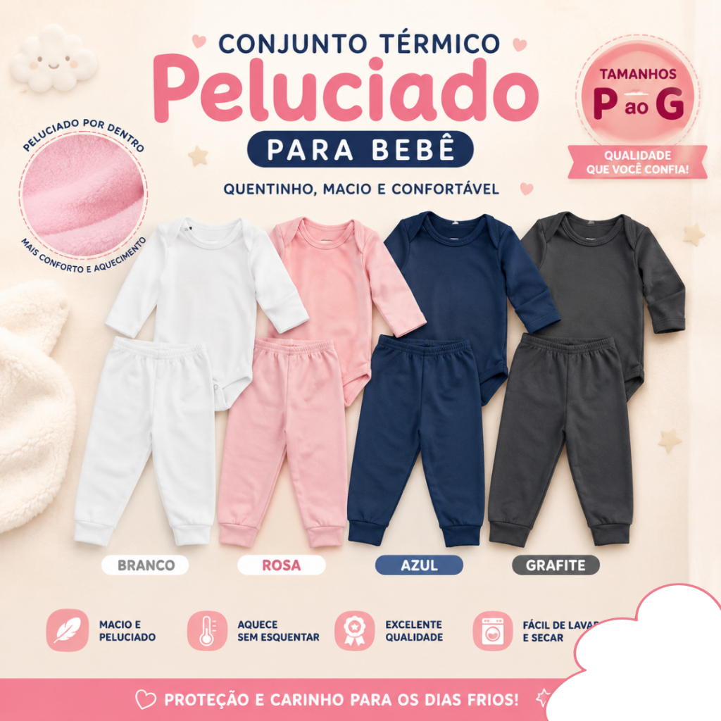 Conjunto Termico bebe Inverno Quentinho Peluciado Roupa Termica do Tamanho P ao G até 1 ano Menina e Menino Unissex
