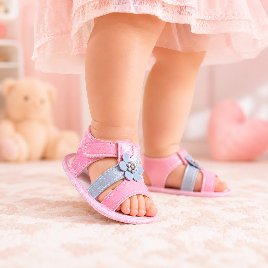 Sandália Bebê Menina Rosa com Flor Antiderrapante Macia Confortável Recém Nascido