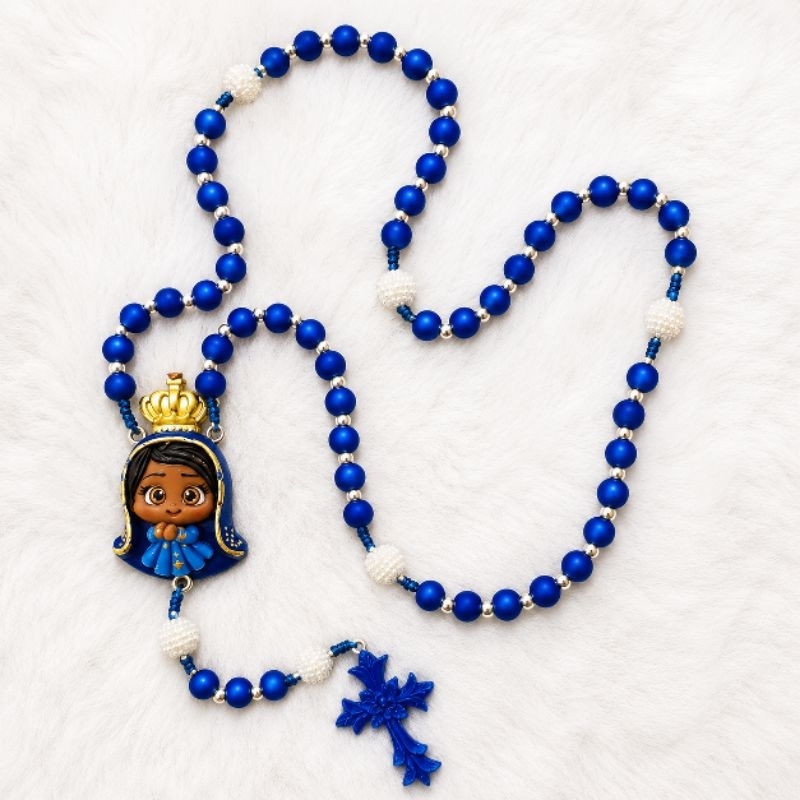 Terço Infantil Nossa Senhora Aparecida Azul | Rosário Católico Artesanal para Crianças