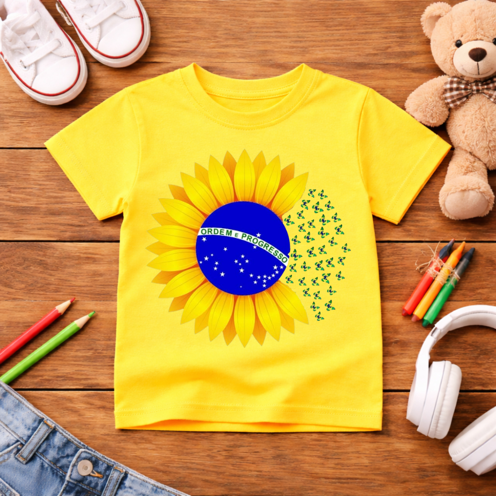 Camisa camiseta infantil Menina Girassol Bandeira do Brasil Ordem e progresso 100% Algodão torcedora