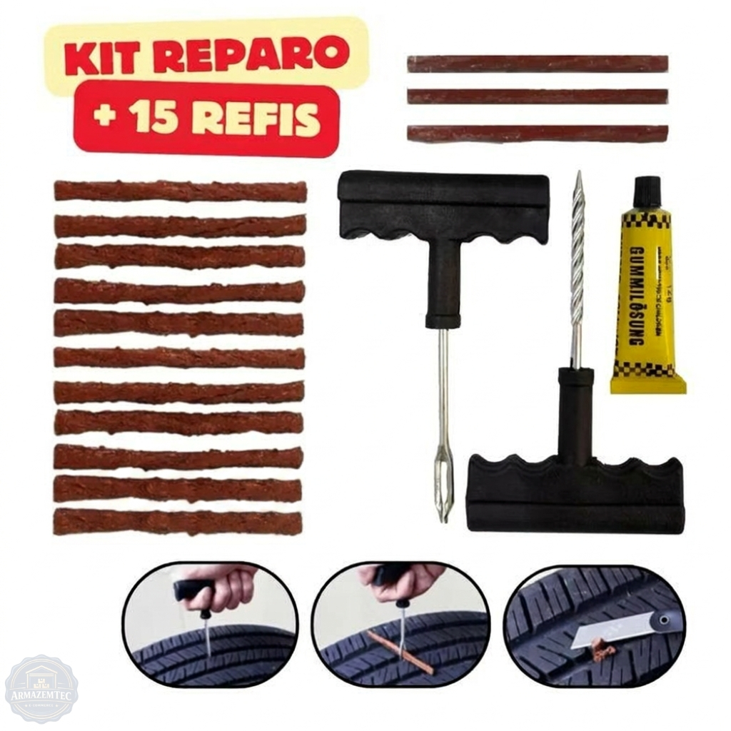 Kit Reparo De Pneu Sem Câmara Carro E Moto Com Refil Macarrão Borracheiro Completo | Envio Imediato