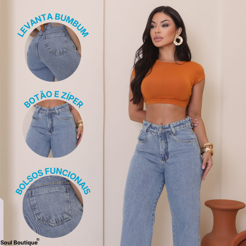 Calça Wide Leg Jeans Feminina Cintura Alta Pantalona Boca Larga Tecido Premium Denim 100% Algodão