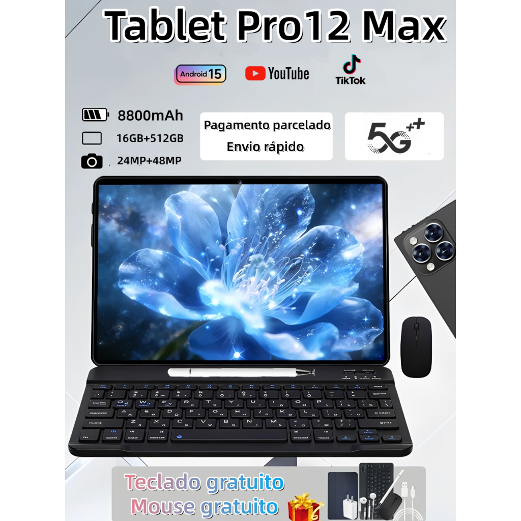 【Teclado e mouse grátis】Tablet  Pro12 Max 11,6 polegadas, 16 GB + 512 GB, bateria de 8.800 mAh, 5G e Wi-Fi