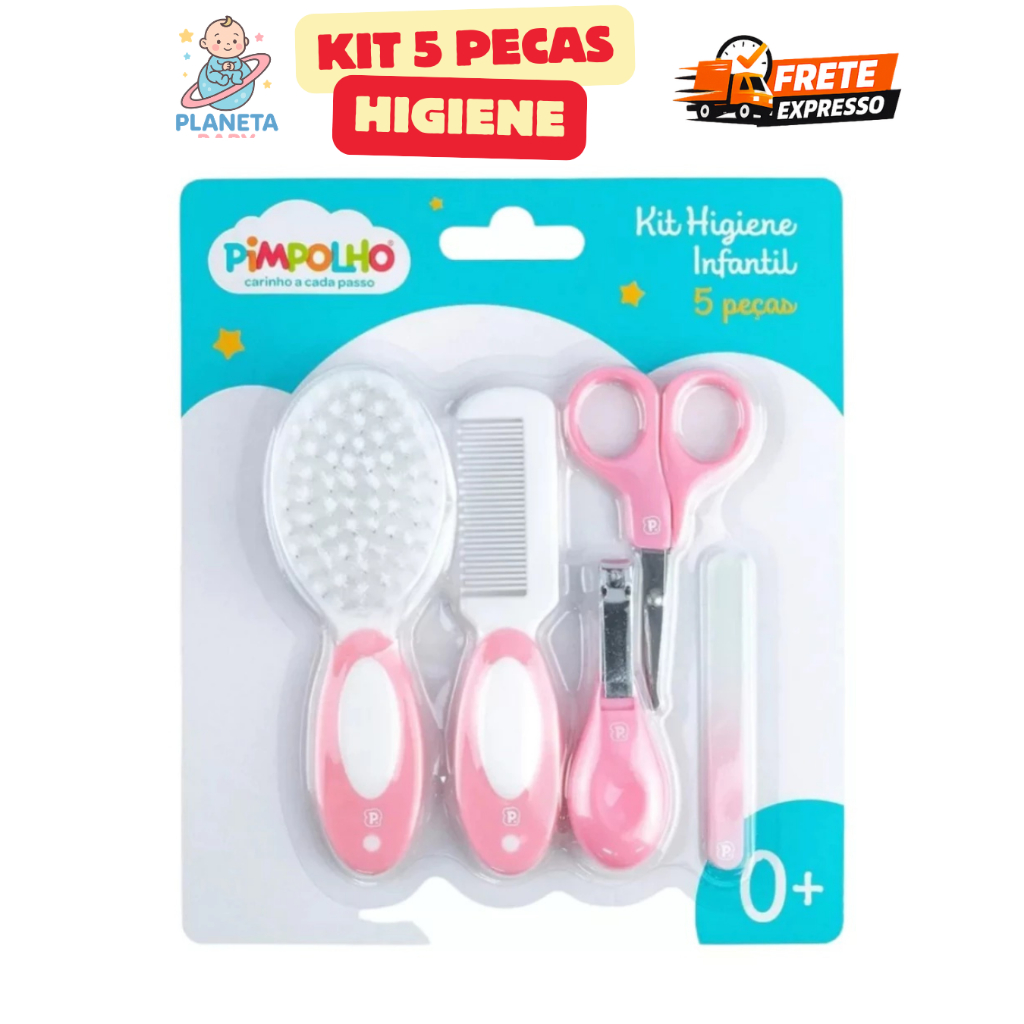 Kit Higiene 5 Pecas Pimpolho Unha Cortador Pente Escova Rosa Menina