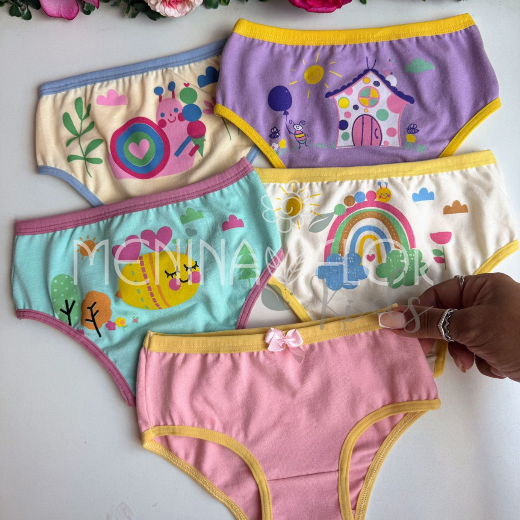 Kit 5 Calcinha Infantil Menina para Desfralde Estampadas Coloridas e Confortáveis