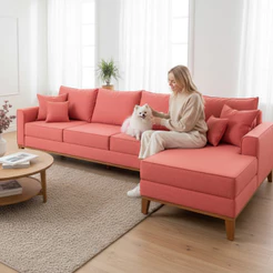 Sofá 4 Lugares Beny com Chaise Direito Suede Rosa