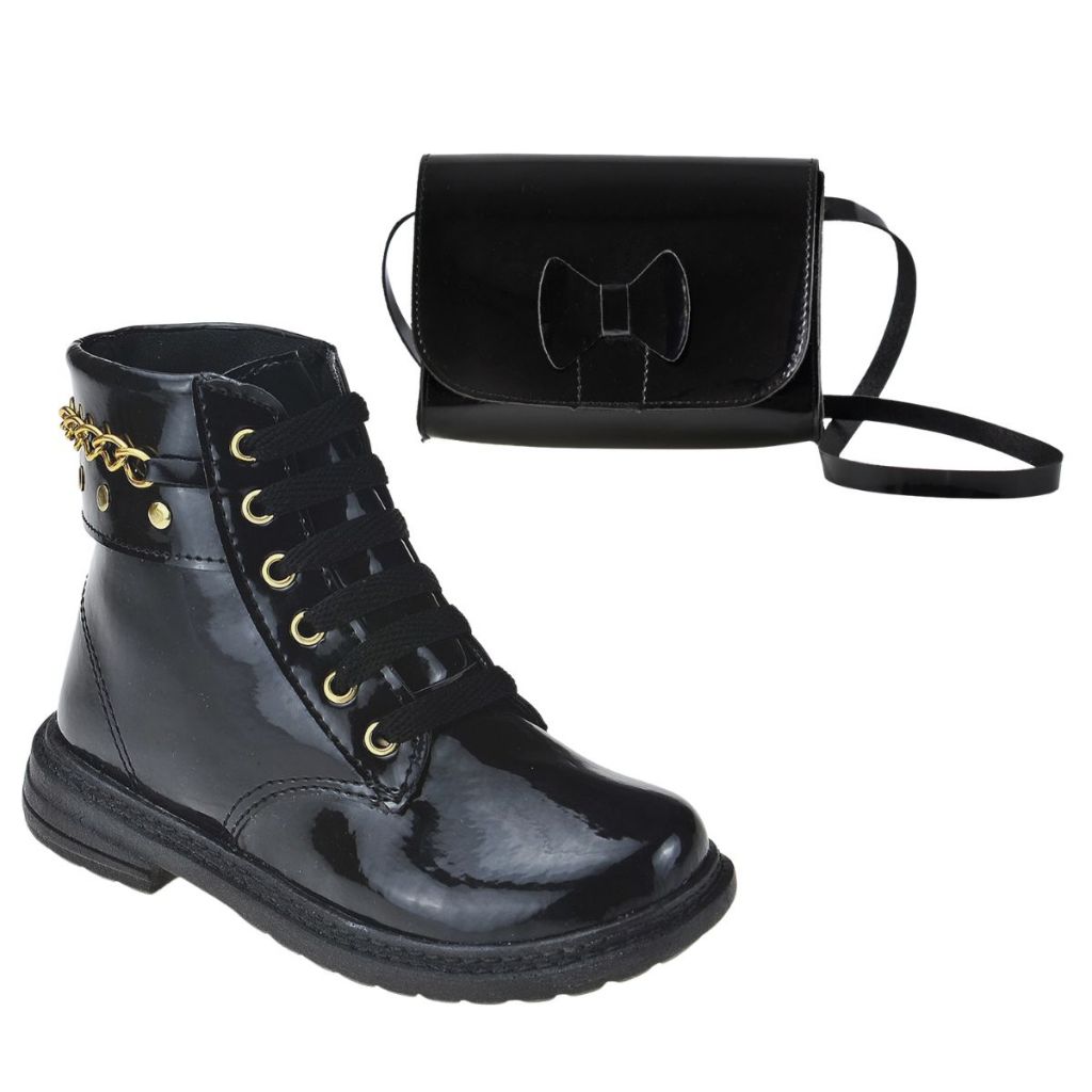 Kit Bota e Bolsa Preta Infantil Coturno Cano curto Casual e Bolsa De Ombro Meninas