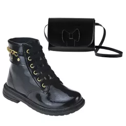 Kit Bota e Bolsa Preta Infantil Coturno Cano curto Casual e Bolsa De Ombro Meninas