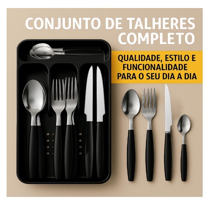 OFERTA Faqueiro Jogo de Talheres 25 peças Inox com Cabo de Plastico Utensilios para Cozinha Suporte Gaveta