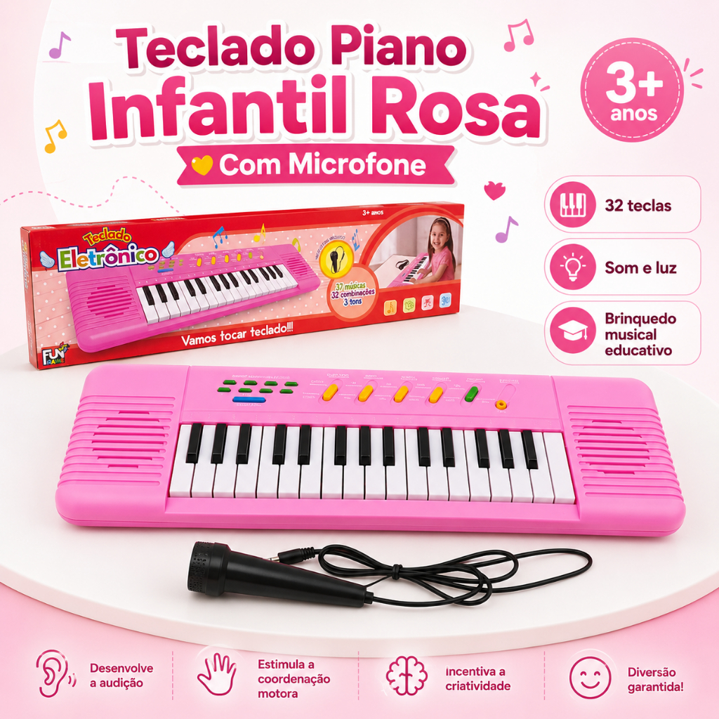 Teclado Piano Infantil Rosa com Microfone | Brinquedo Musical Educativo com Som e Luz tope qualidade