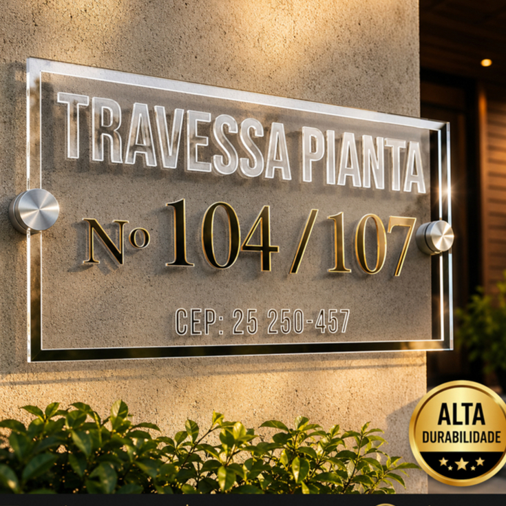 Placa de Endereço Identificação  em Acrílico Luxo Dourado Espelhado Arquitetônico - Apartamento Casa