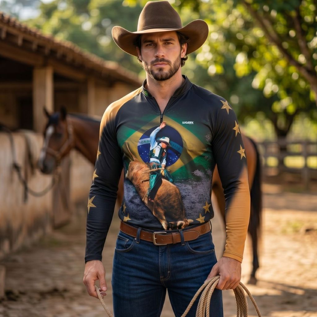Camisa Agro Rodeio Bull Rider Bandeira do Brasil Com Proteção UV+50