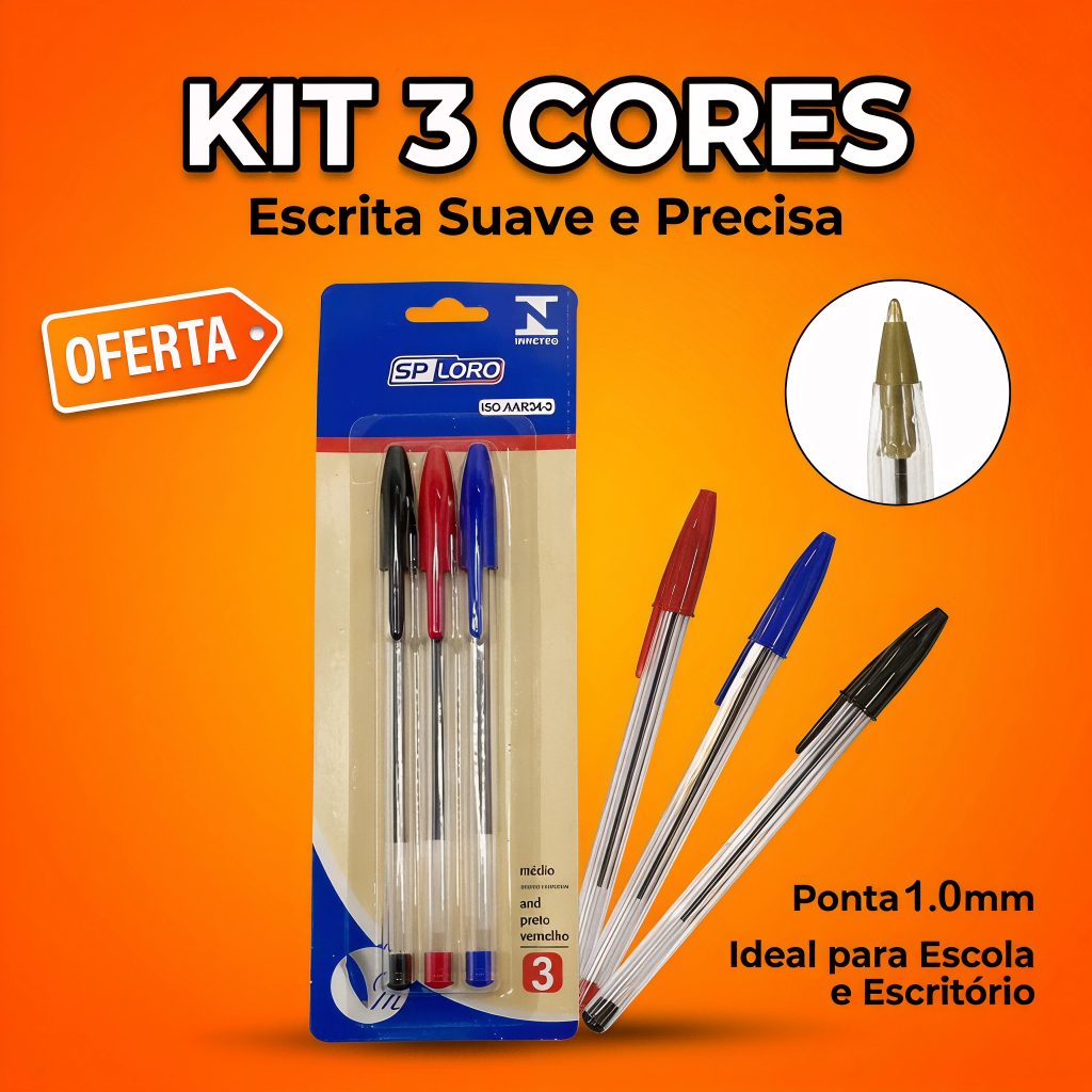 KIT 3 Caneta Esferográfica Azul/Preto/Vermelho Média 1.0mm Escrita Papelaria Escritório Escolar