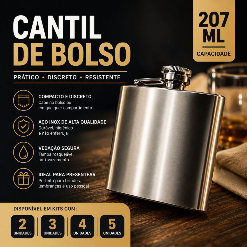 Kit Cantil De Bolso 207ml Porta Bebida Whisky Vodka Rum Whiskeira Em Aço Inox 7 Oz