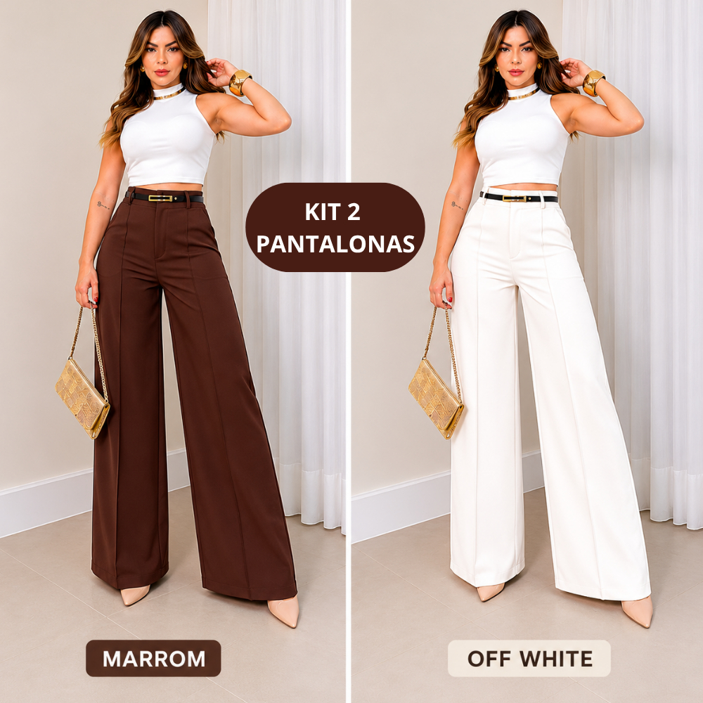 Kit 2 Calças Com Cinto Social Feminina Pantalona Alfaiataria Lançamento Moda Luxo Elegância Social