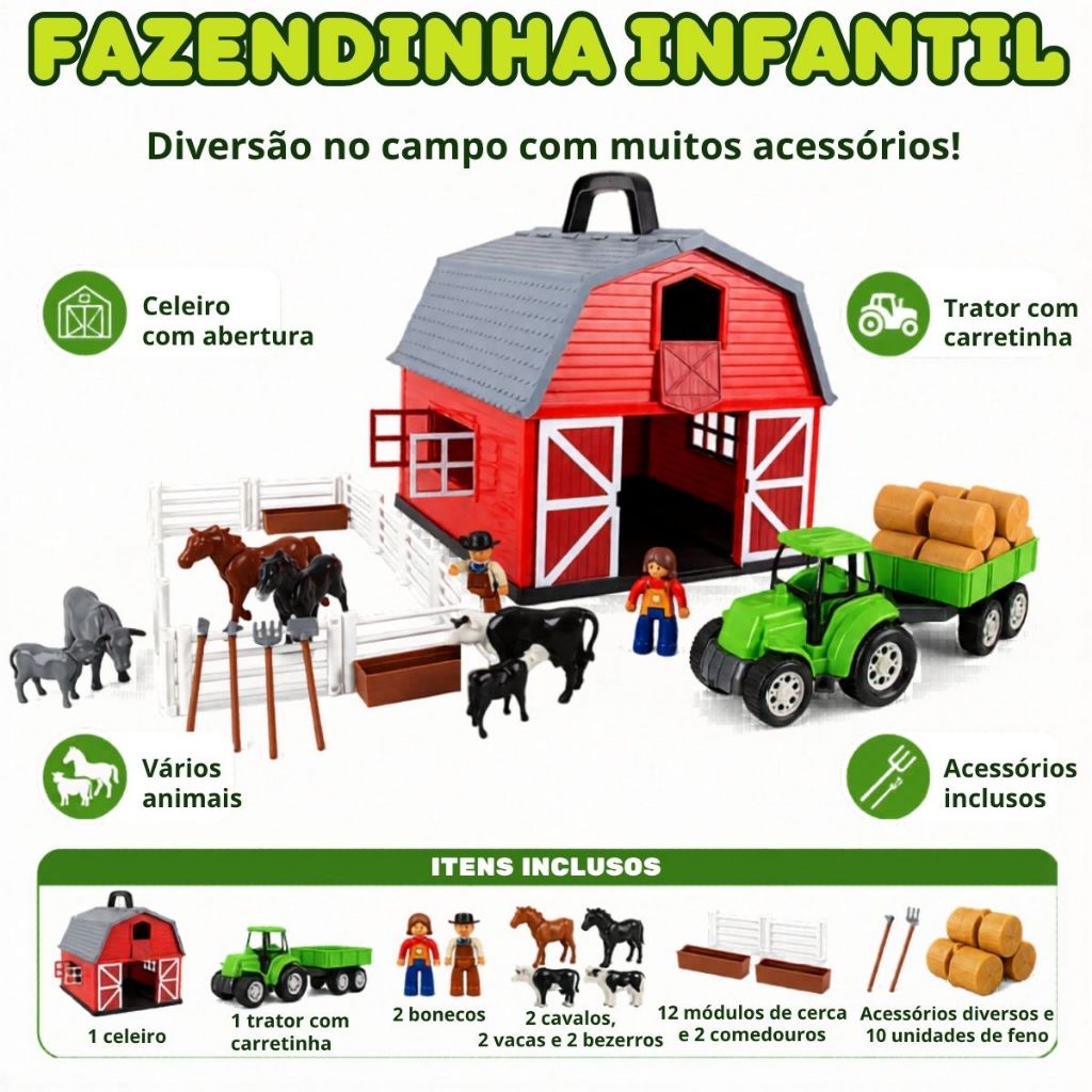 Fazendinha Completa com Trator Cavalos e Bonecos Poliplac